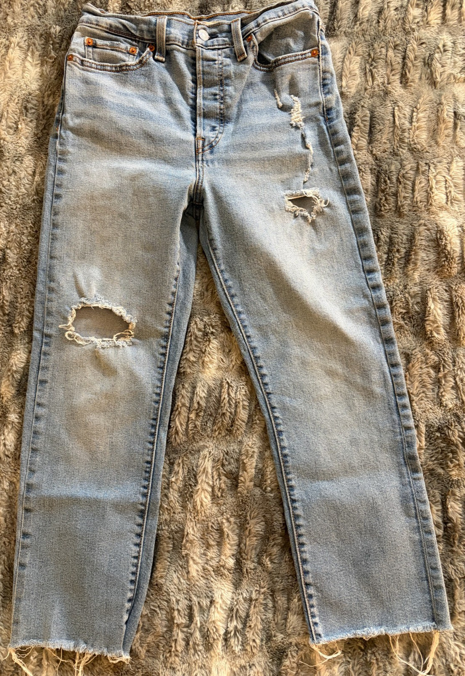 Levi's Wedgie Straight Jeans Womens 29 Distressed Med Wash Blue High Waisted